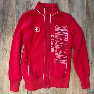 Switzerland Discover Red Zip Track Jacket Mens Souvenir Swiss Flag Mock Neck M
